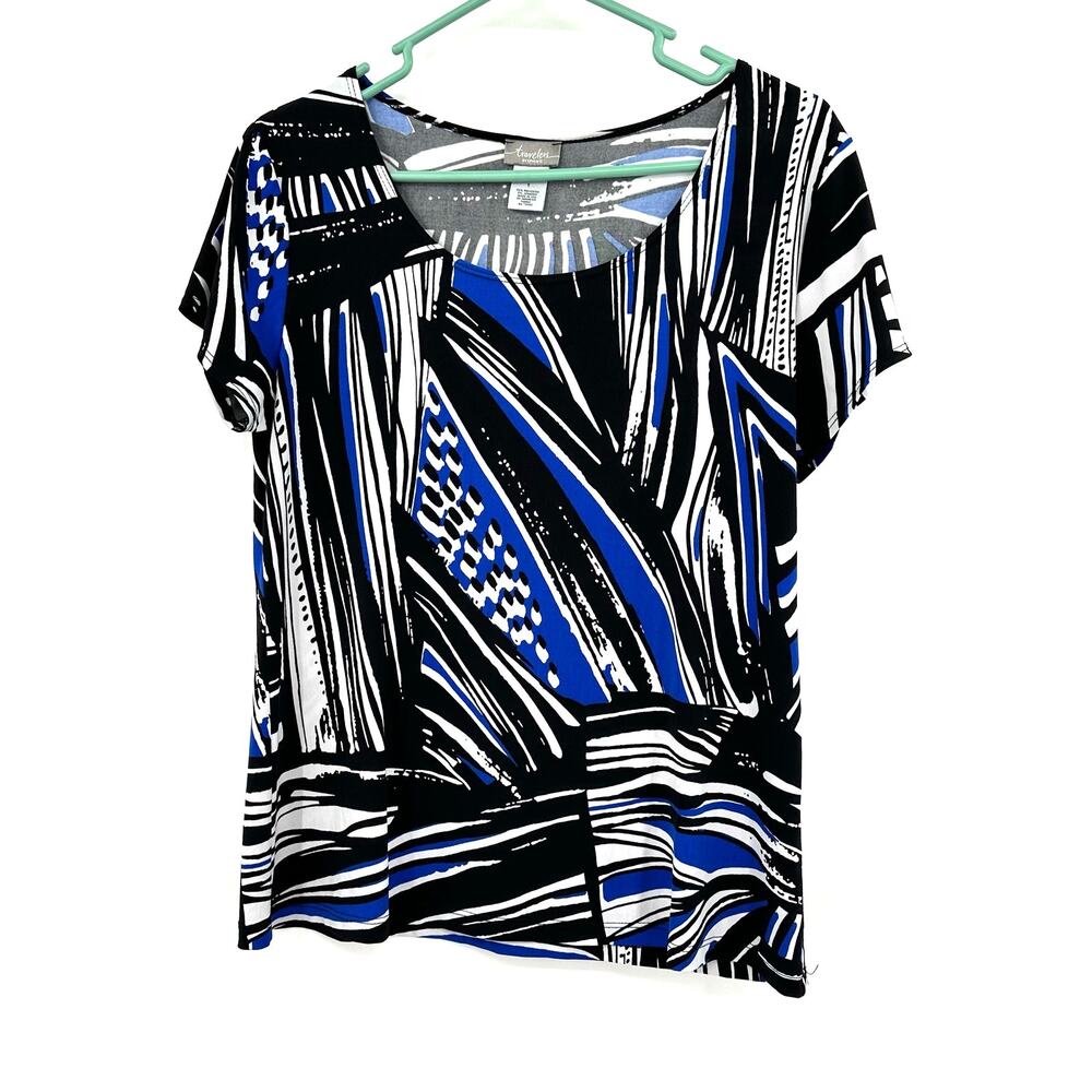 Travelers by Chicos Size 1 Shirt Black Abstract Short Sleeve Blouse Stretch